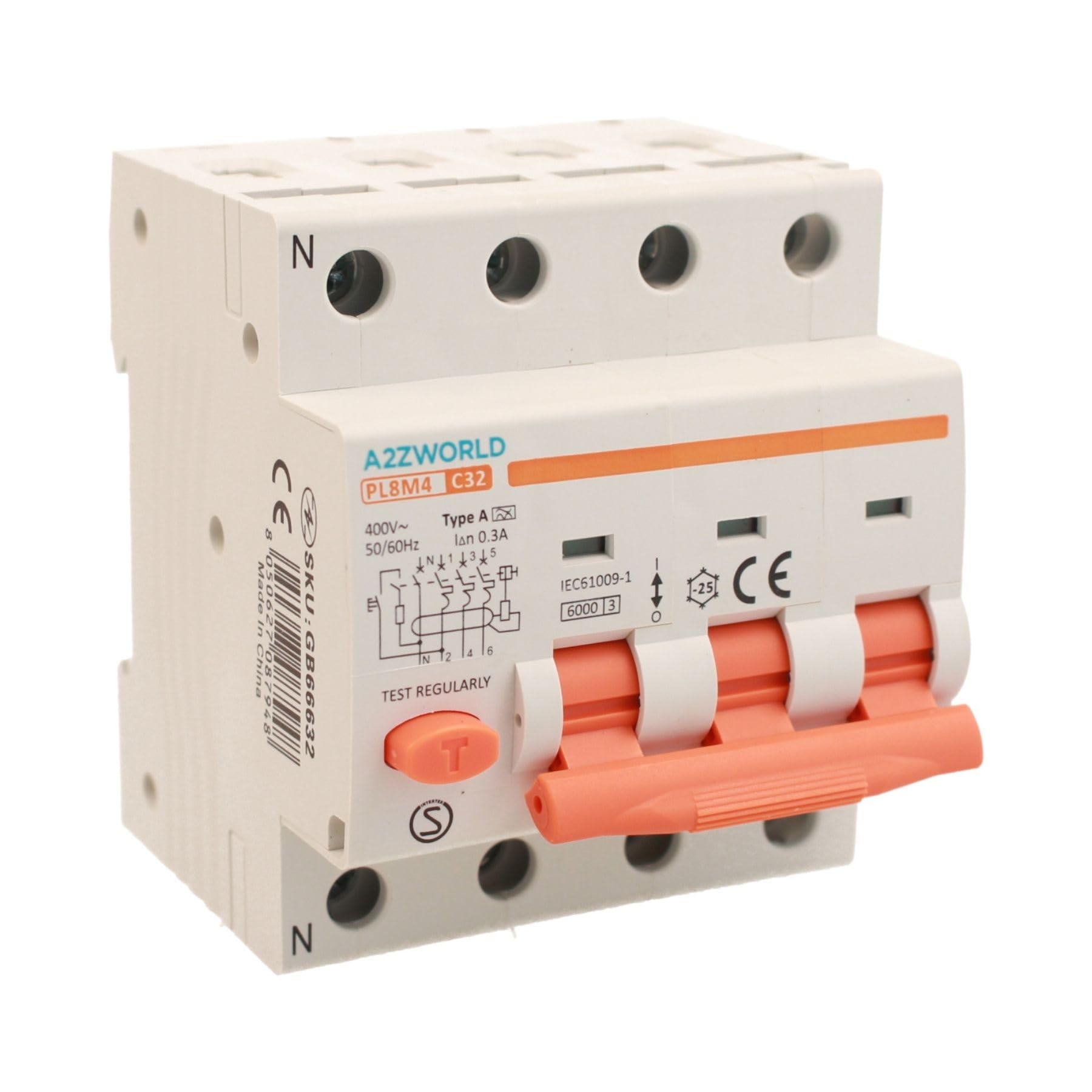 Interruptor diferencial magnetotérmico trifásico tipo A 300 mA, 32 A C32, RCBO 3P+N 6 kA, curva C 380 V, 4 módulos DIN, serie PL8M4 profesional electromagnética