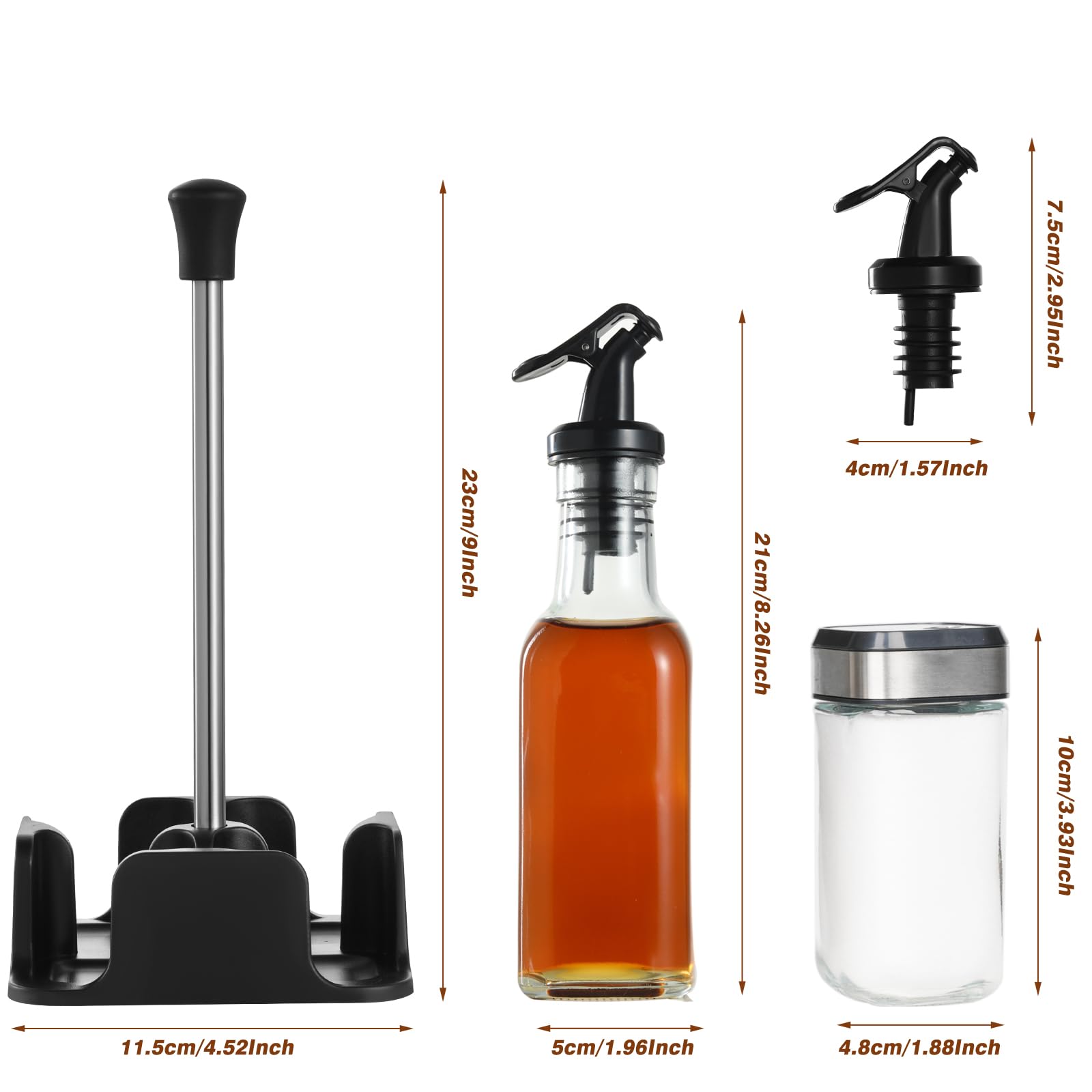 Botella de aceite y vinagre&Pimentero y salero | Botella de aceite y vinagre 200 ml*2, Pimentero y salero 120 ml*2, Con embudo y cepillo de cerdas duras