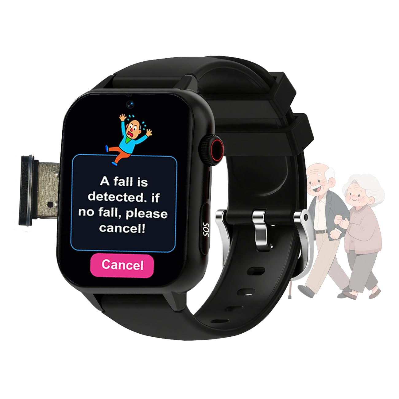Reloj salvavidas para personas mayores, GPS SOS, con detección de caídas, videollamada, para Alzheimer, reloj inteligente de pulsera para ancianos, negro, 1,96 x 1,57 x 0,47 pulgadas