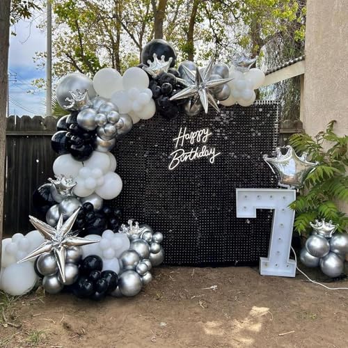 Image of 153Pcs Black and Silver White Balloon Garland Arch Kit with Stars, 22 18 12 10 5 inch Disco Ball Balloons Black White Metallic Silver Confetti Balloon for Birthday Graduation Party Decorations