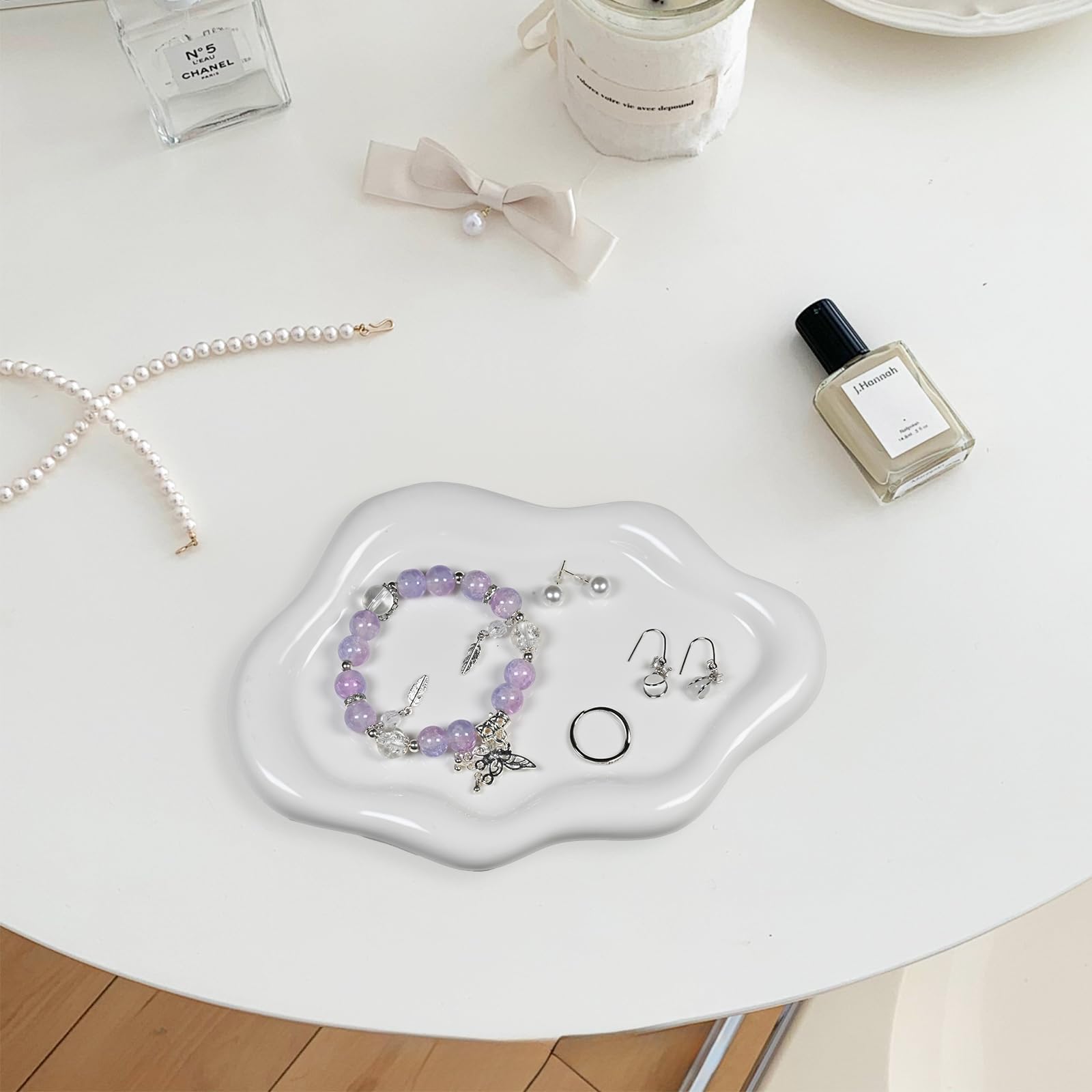 Chmurowa Taca na Biżuterię, Dekoracyjna Taca Ceramiczna na Drobiazgi, Taca na Kosmetyki, Perfumy, Drobiazgi, Taca na Pierścionki, Naszyjniki, Bransoletk (Biała)