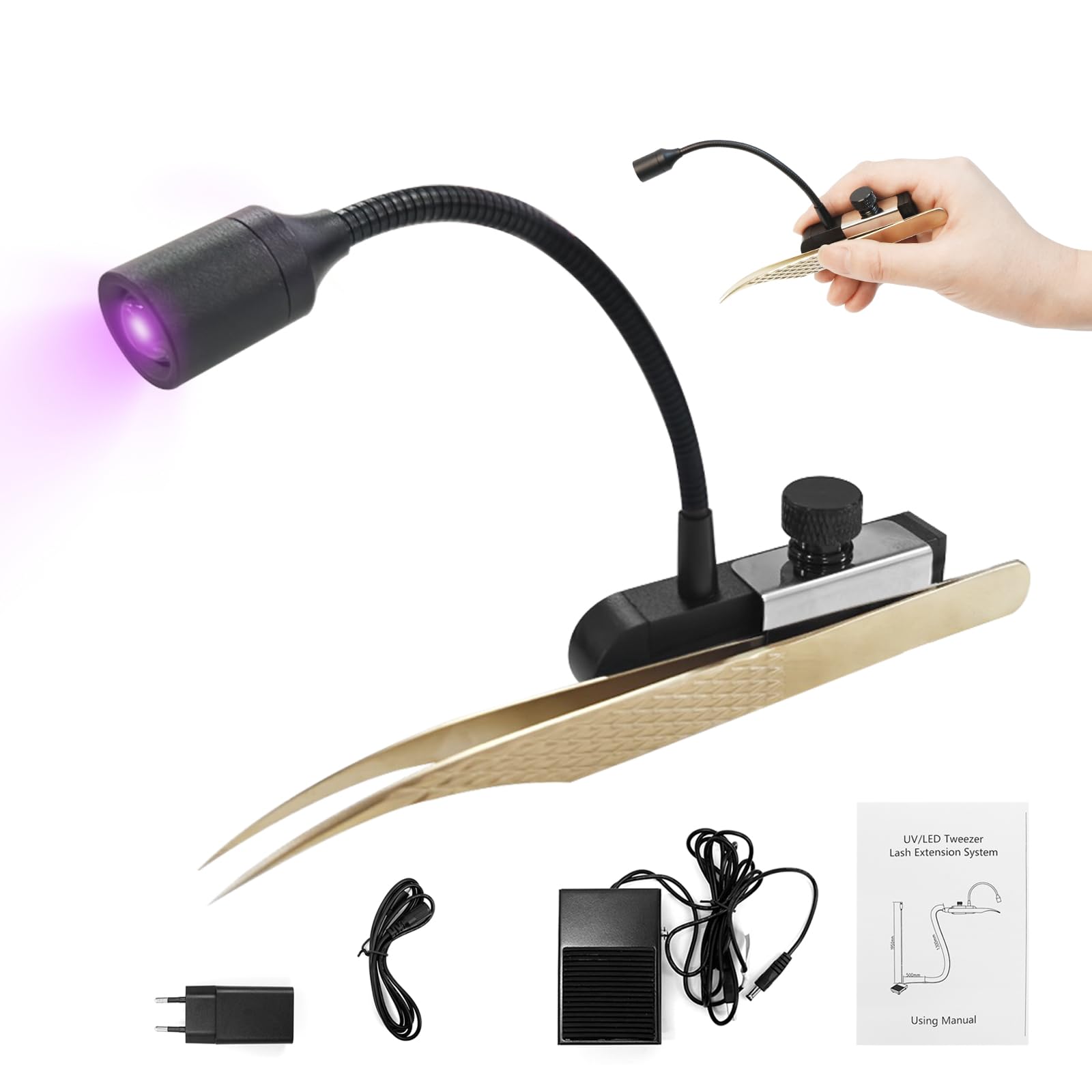 Wimpern Lampe, 1.8W Wimpernlampe UV-Licht Handheldnagelheilungslampe für Lichthärtenden Wimpernlicht für Wimpernverlängerungen mit Fußschalter Pinzetten Schwanenhals 1-3 Sekunden Ausgehärtet