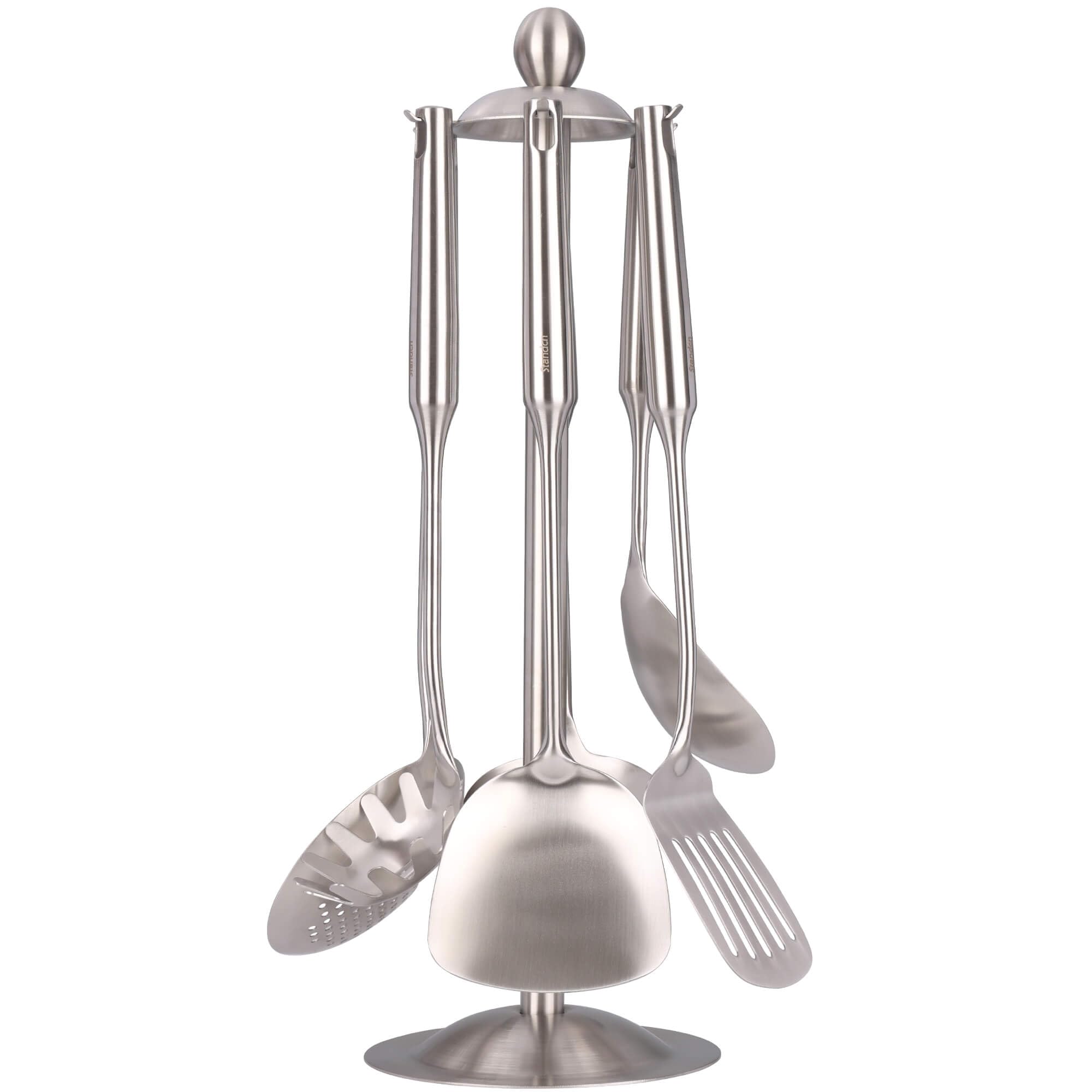 Juego de utensilios de cocina de acero inoxidable 18/10, utensilios de cocina de metal de 15 pulgadas con soporte giratorio para encimera, espátula, cucharón, espumadera, espátula ranurada, pasta,
