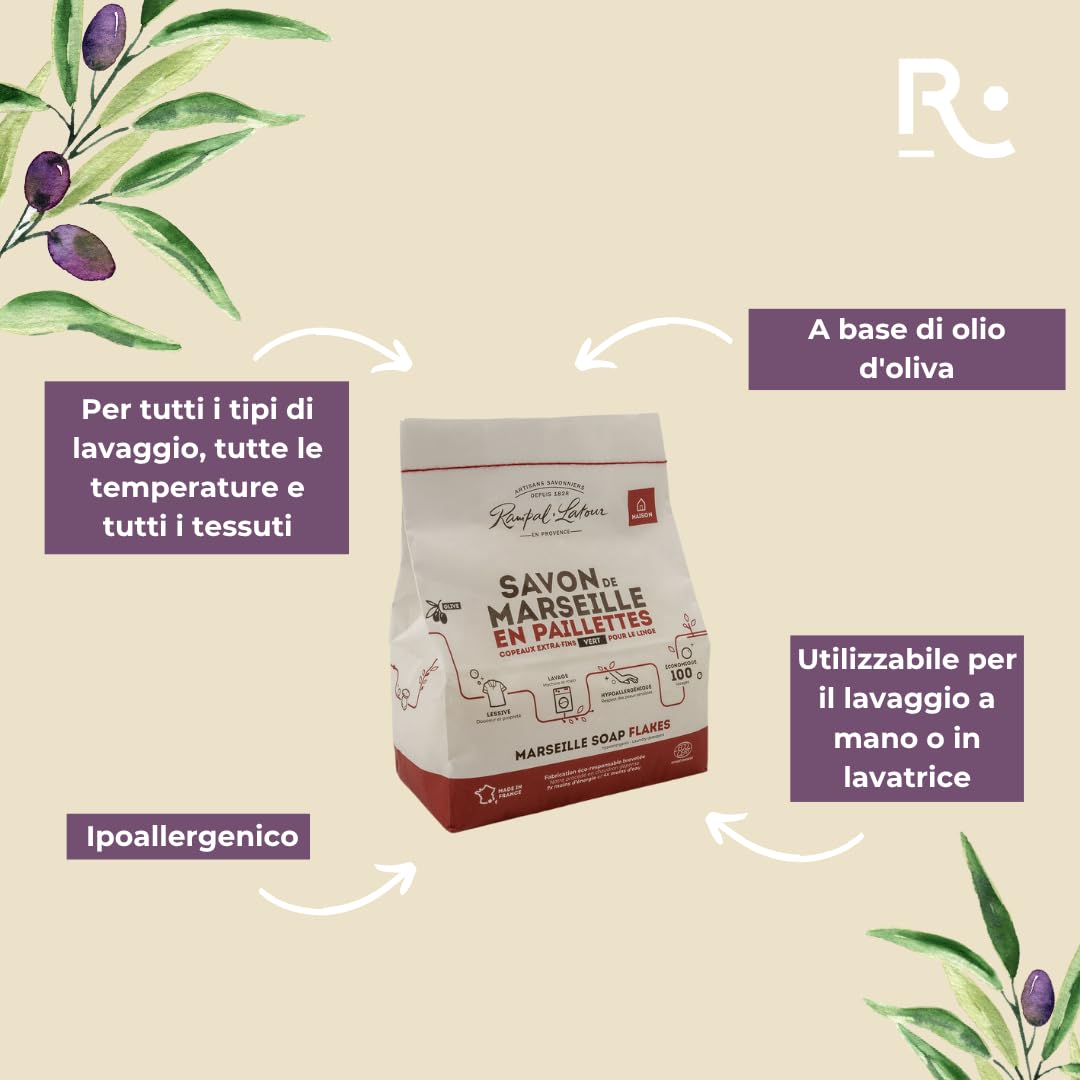 Rampal Latour - Puro sapone in scaglie per il bucato - 1,5Kg (Senza profumi - Olio d'oliva)
