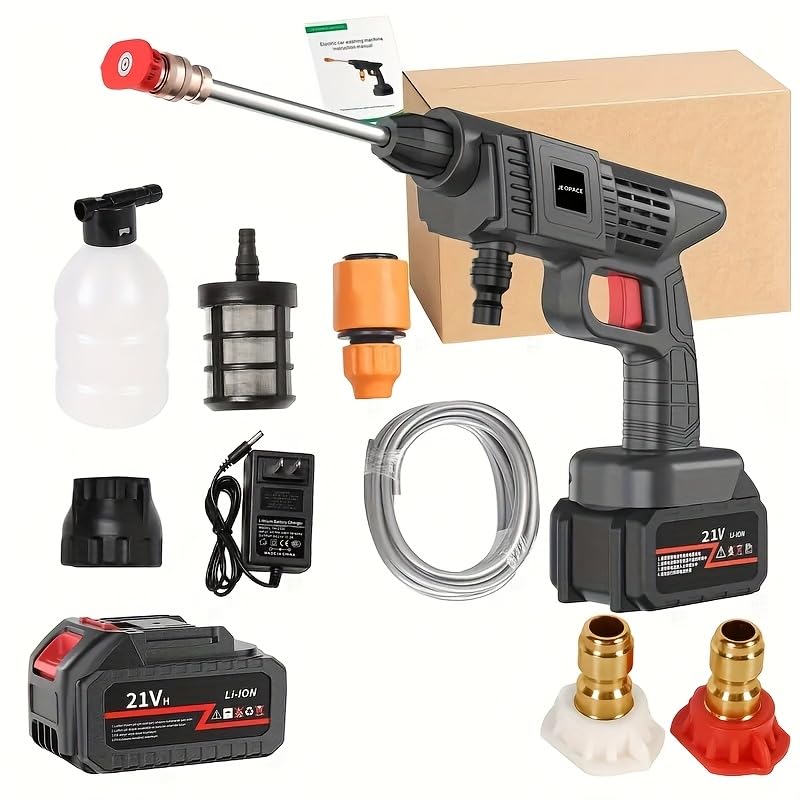 Rechargeable Portable High Pressure Wash Machine Wash Car Wash Machine Water Gun Car Wash Machine, 3 Nozzles 5m Hose 1-2 Battery,Local Warehouse Ship 2-5 Days Arrival (1 Battery Without Tool Box)