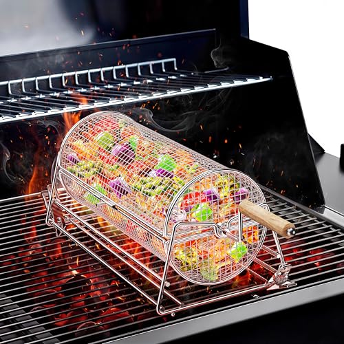 2-in-1 Rotatable Rolling Grill Basket 304 Stainless Steel with Removable Wooden Dual Handles & Rotating Stand BBQ Accessories Tools for Vegetables Shrimp Gifts for Birthday/Men/Dad/Husband