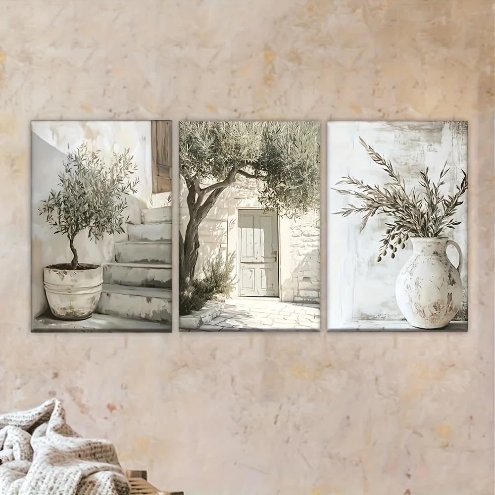 Dittelle Unframed Flat Canvas Poster, Retro Art Olive Tree,Mediterranean Landscape Wall Art Prints, Bedroom Kitchen Corridor Wall Decor(50X70cmx3/Frameless)