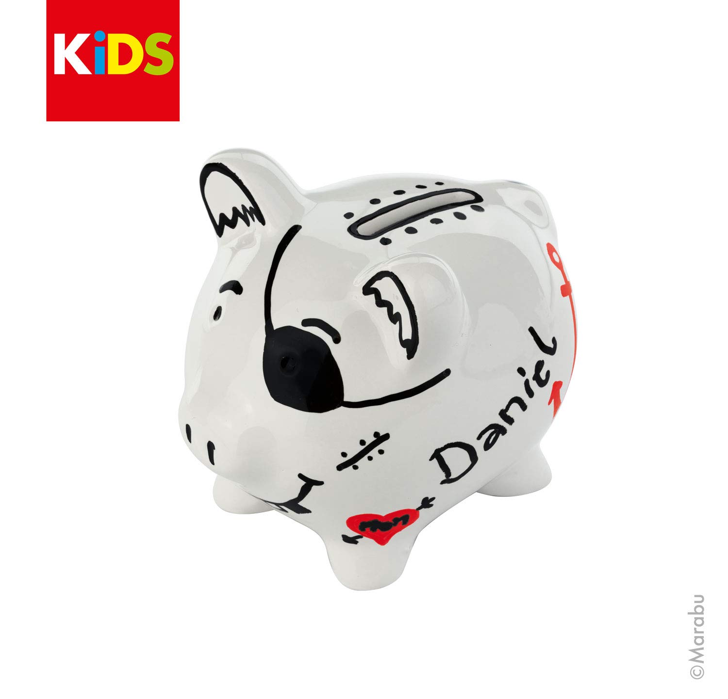 Marabu 0125000000100 – KiDS Painter, zestaw do malowania i malowania skarbonki, zabawna świnka porcelanowa do malowania i ozdabiania pisakami porcelanowymi dla dzieci