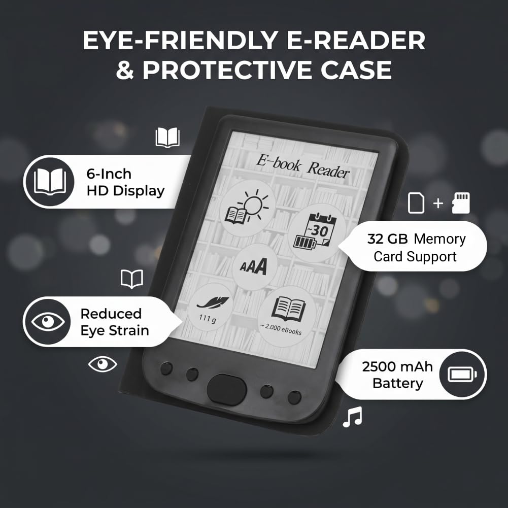 ASHATA E Reader Pantalla HD de 6 Pulgadas 800x600 con Amplia Compatibilidad para Lectura Interactiva Lector Electrónico Portátil (16GB)