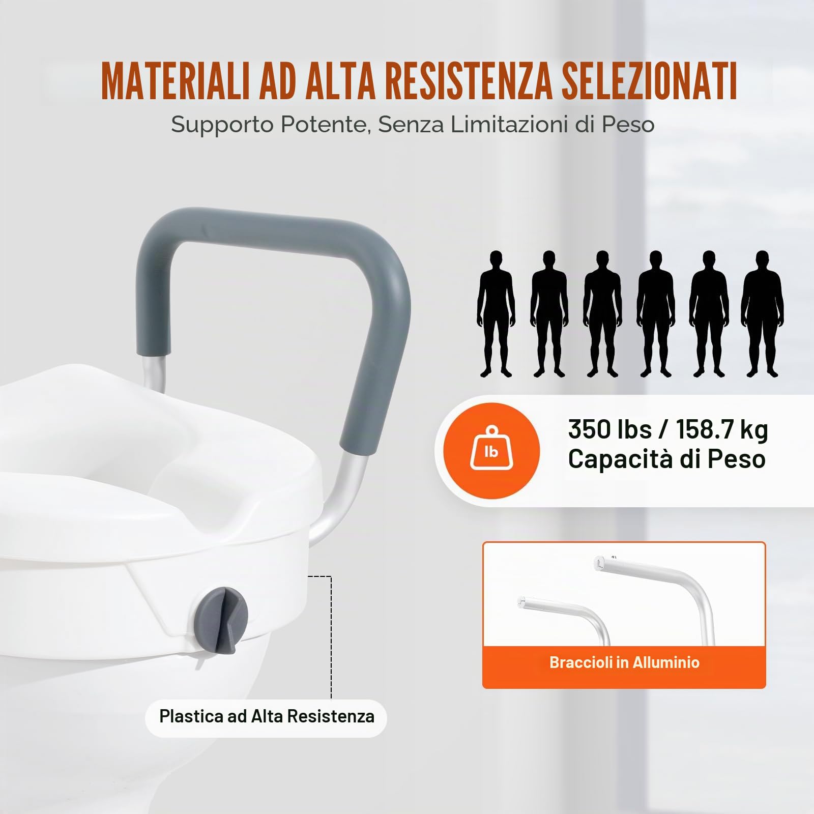 VEVOR Sedile WC Rialzato 435 x 535 x 340 mm Rialzo per WC Universale Altezza Rialzata 127 mm Capacità 158,7 kg per WC Rotondo, Allungato, Larghezza Regolabile, per Anziani, Disabili, Paziente, Incinta