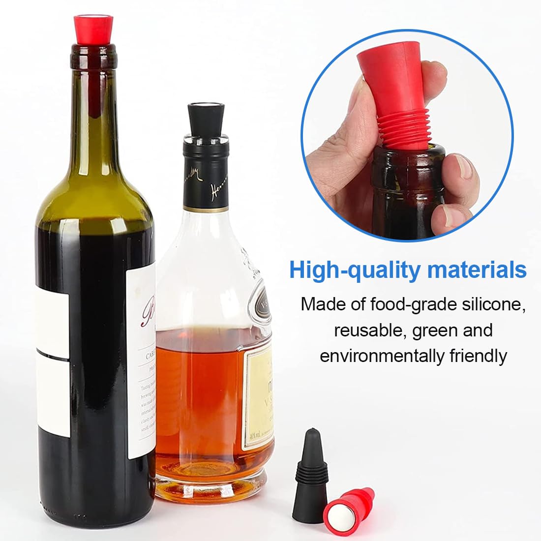 JTKREW 6PCS Tappi per Bottiglie di Vino in Silicone,con Fondo in Acciaio Inox,Riutilizzabile,per la conservazione di Champagne e Birra
