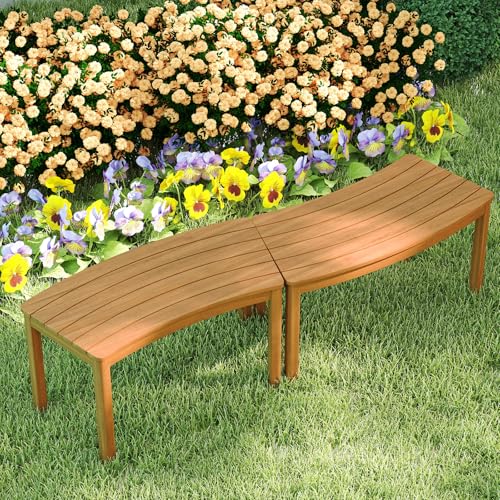 Tangkula Acacia Wood Outdoor Curved Bench Set of 2 Patio Garden Backless Fire Pit Bench with 800 lbs Weight Capacity Outside Seating Furniture for Front Porch Deck & Backyard