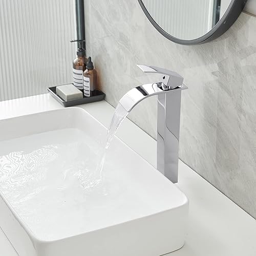 Miniatura 5 de Bathfinesse Grifo de baño de cromo pulido para fregadero de recipiente, grifo de lavabo de acero inoxidable alto, de una sola manija, un agujero,