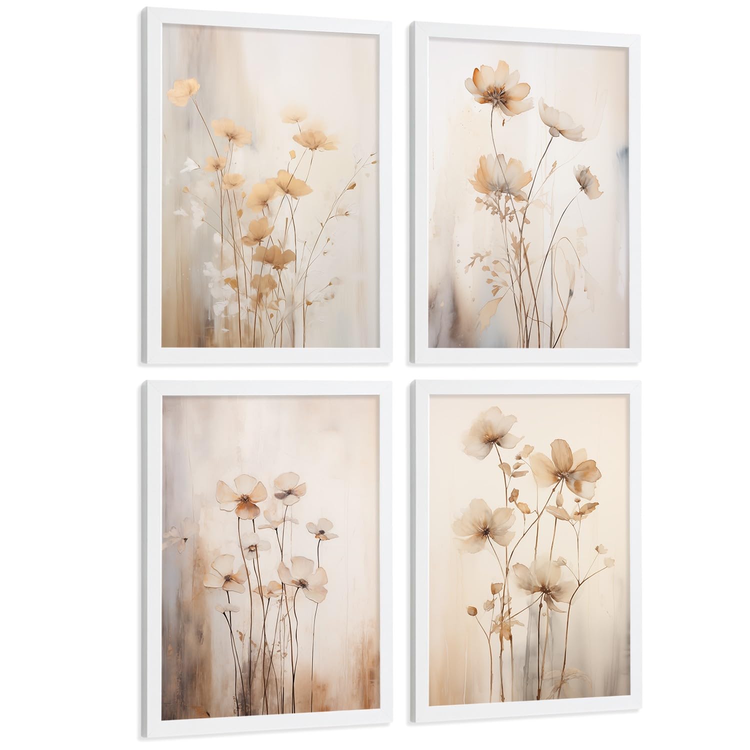 Nacnic Set De 4 Laminas Decorativas Pared Flores Vintage Salon Modernos - Posters, Cuadros Decorativos Con Flores Y Naturaleza. Decoración Dormitorios Sala De Estar A3 Marco Blanco