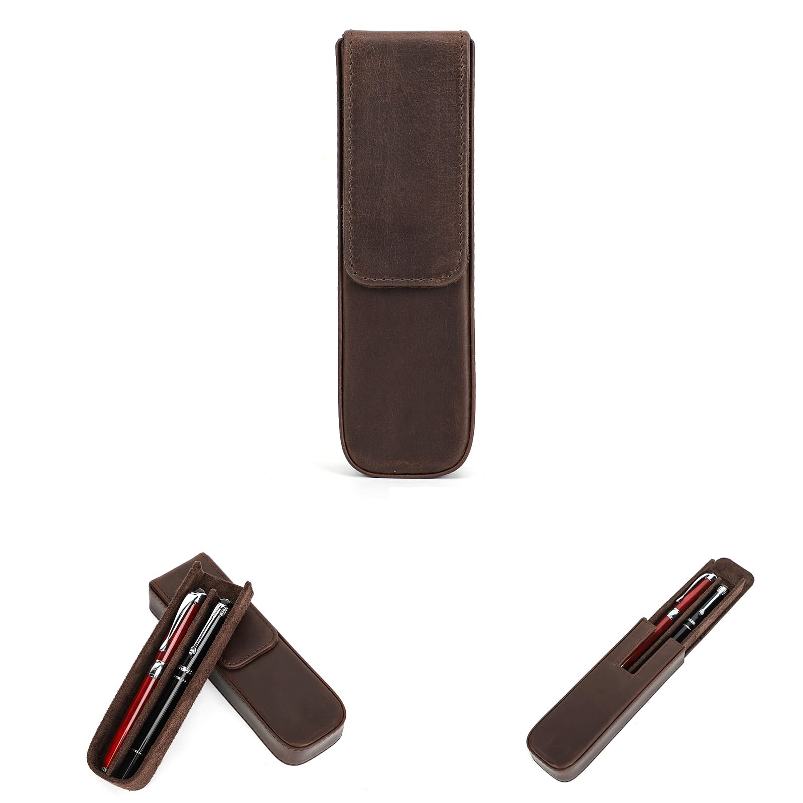Hiram Leather Pen Case for 2 Pens with Hidden Magnetic Snap Closure and Storage Tray, 9056-coffee