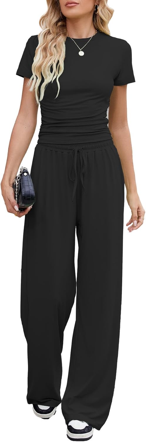 Nimsruc Women's 2 Piece Lounge Sets For Women Summer 2025 Ruched Short Sleeve Tops Wide Leg Pant Sets Tracksuit