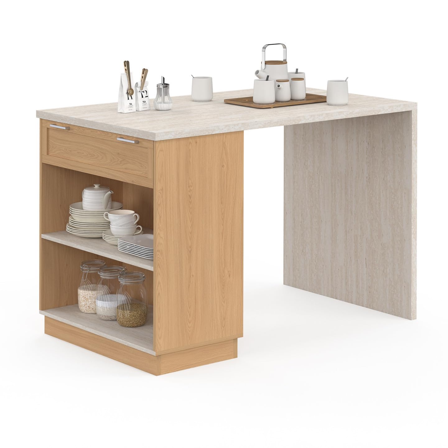 IDMarket - Ilot Central Mange-Debout 4 Personnes VITO 130 cm Bois et Plateau Effet travertin