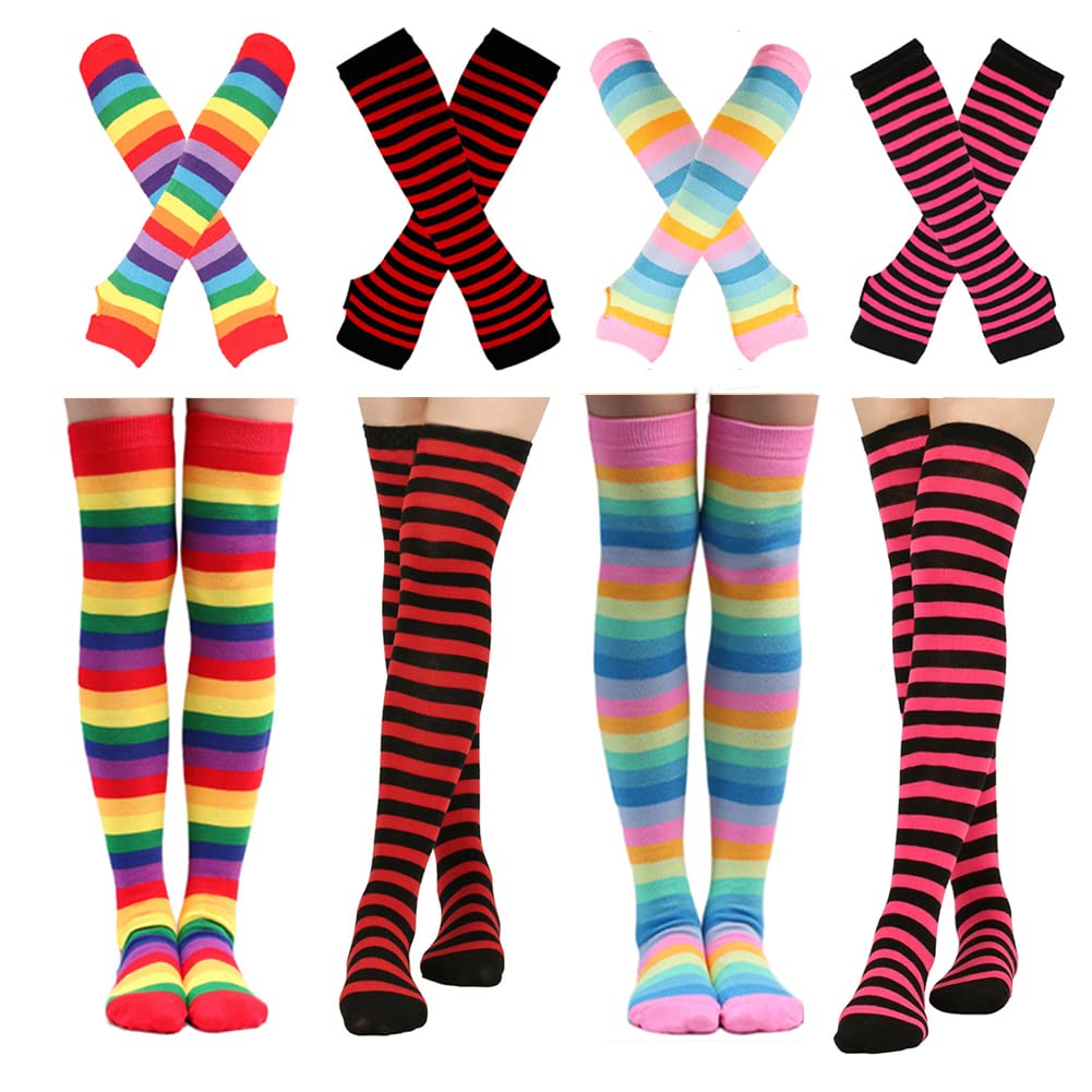 Barrlves 2/4 Sets Womens Striped Knee High Socks Long Knitted Arm Warmers Fingerless Gloves for Halloween Costume