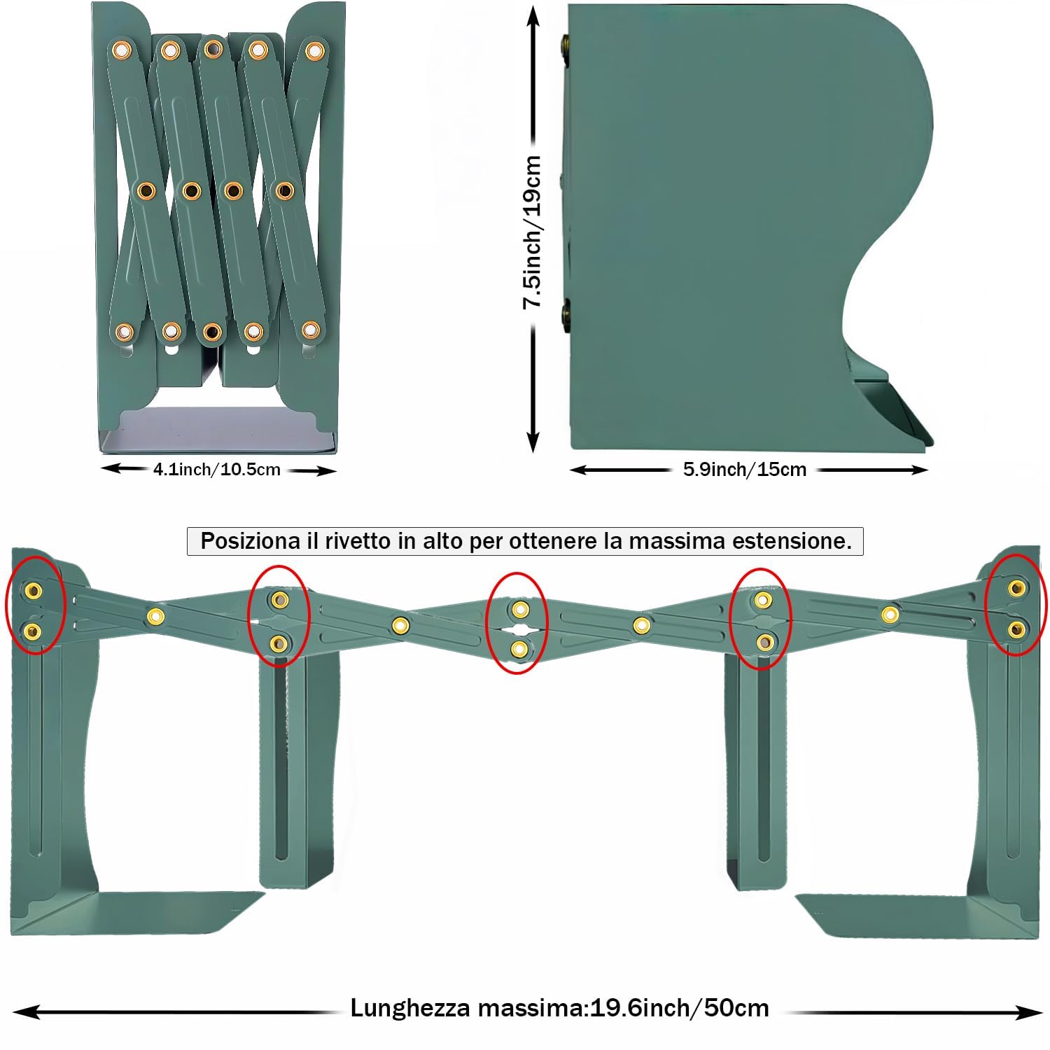 DARUITE Regolabili in Metallo Antiscivolo Fermalibri Biblioteca Verde 50 cm