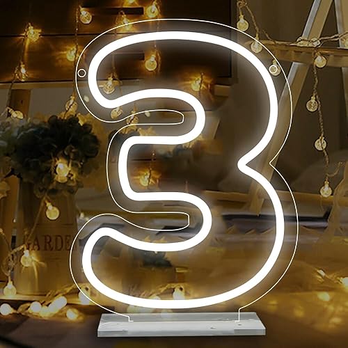 ATTNEON Letrero de neón del número 3, luces de neón con luz LED de tres números, luz número 3 para boda, cumpleaños, fiesta, aniversario, regalos de