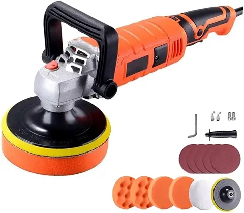 FINYQBET Politriz Profissional 1580W - 7 Velocidades Ajustáveis (500-3600 RPM) para Polir, Encerar e Remover Arranhões em Carros, Motos, Mármore e Madeira - Kit Completo com Acessórios (Laranja, 220V)