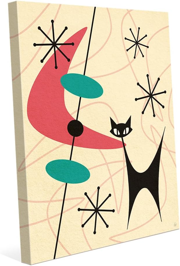 Retro Black Space Cat Boomerang Pink Mid-Century Postmodern Abstract Painting Illustration Wall Art Print on Canvas