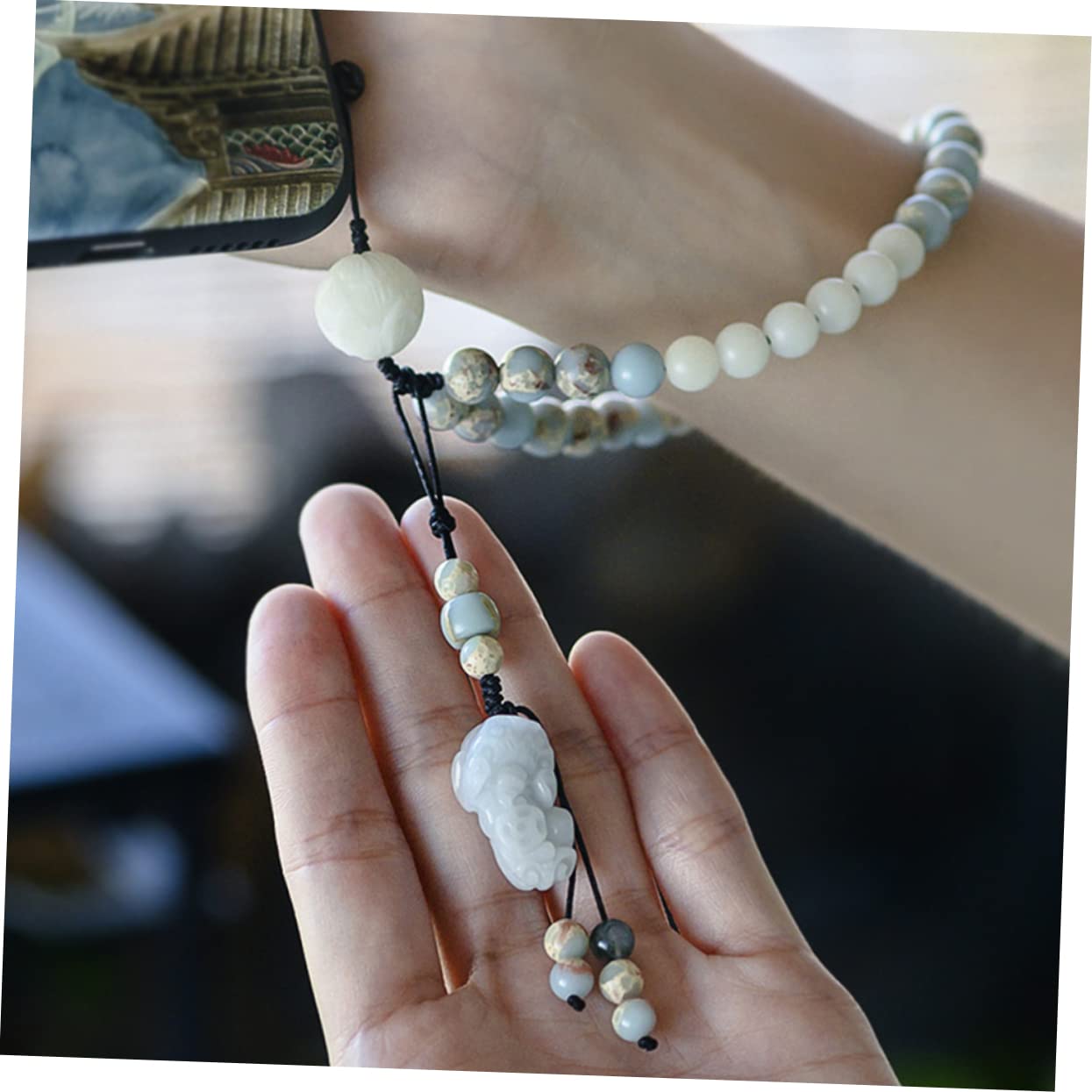 BESTonZON 3pièces Agalmatolite Lanyard Pour Téléphone Dragonne Courroie De Poignet Avec Bouddha Et Verte Pour Smartphone Et Accessoires