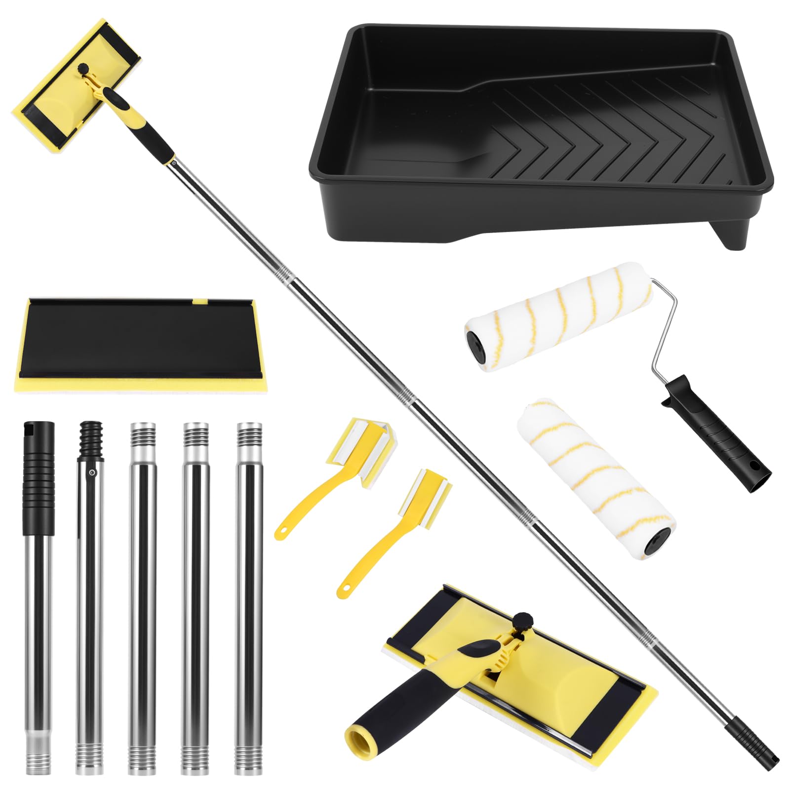 Paint Roller Set with 1.2M Extension Pole, 9 Inch Paint Brush with 2pcs Replacement Paint Pads, Paint Rollers and Tray Set with Triangular Brush and Paint Edger Tool for Painting Walls Ceilings