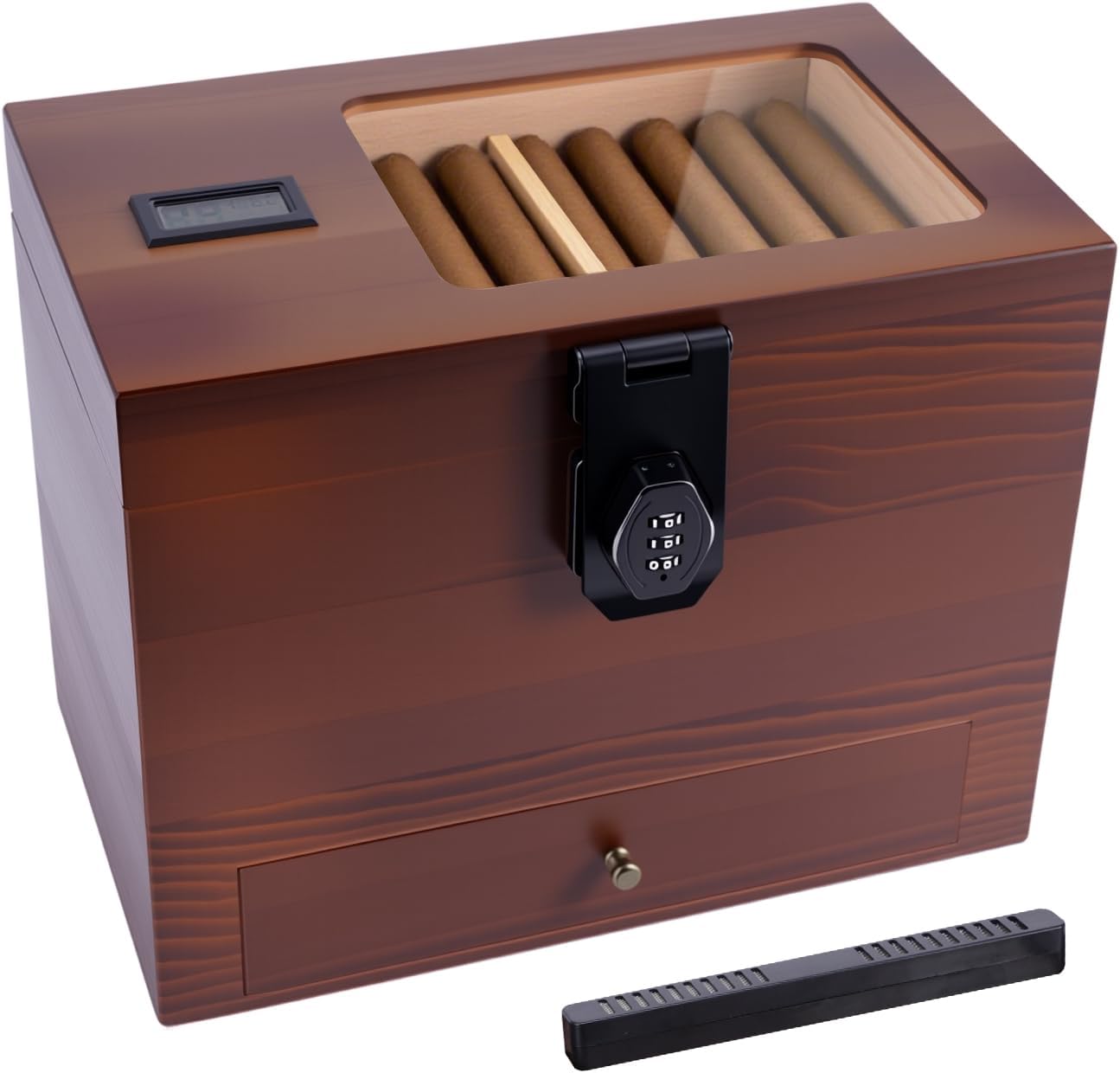 Cigar Humidor, 3-Layer Humidor Cigar Box, Large Capacity Cedar Wood Cigars Case with Humidifier, Hygrometer and Accessory Drawers, Perfect Gifts for Men 3-Layer Large