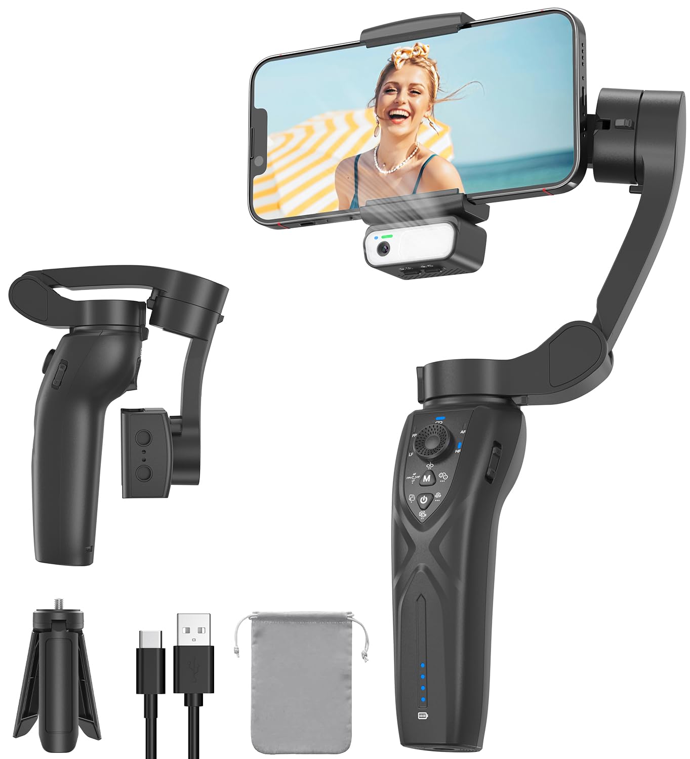 Stabilisateur Smartphone,AI Face Tracking 7.0,Gimbal Stabilisation 3 Axes,Contrôle Gestuel,Lumière Remplissage,Pliable&Portable pour Android/iPhone Vidéo,Vlogging,Youtube,TikTok
