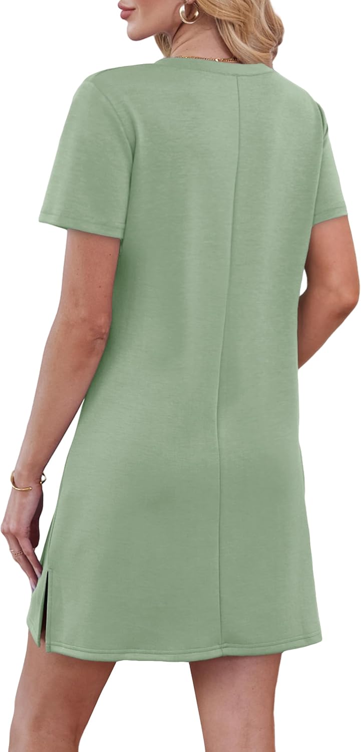 RUMIA Summer Casual Dresses for Women 2025 Mini Vacation Dress V-Neck Short Sleeve Split Hem Beach Sundress(Sage M) - Image 5