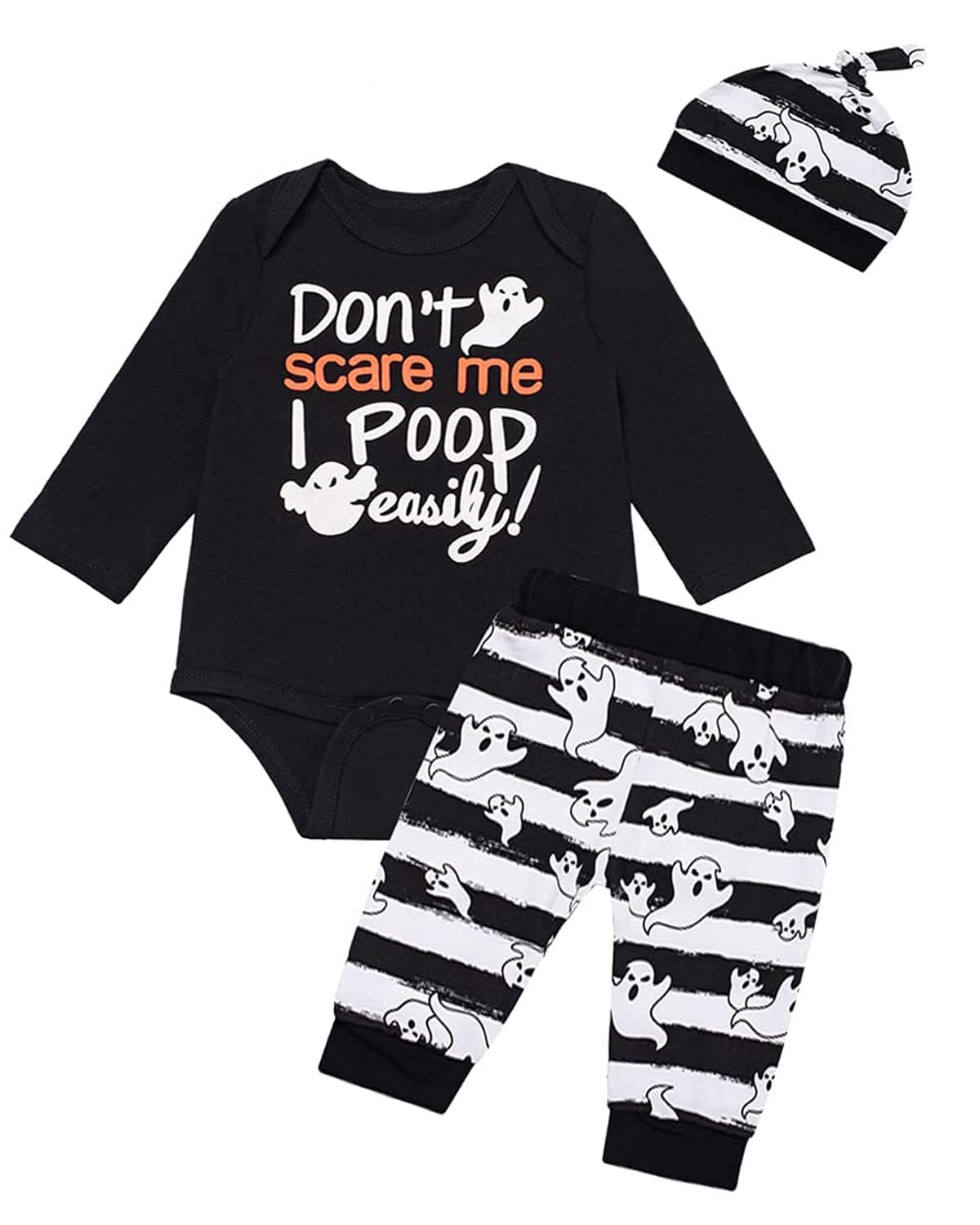 Photo 1 of 3PCS Baby Boy' Don't Scare Me I Poop Easily Bodysuit Halloween Outfit Set 6-12 Months Black