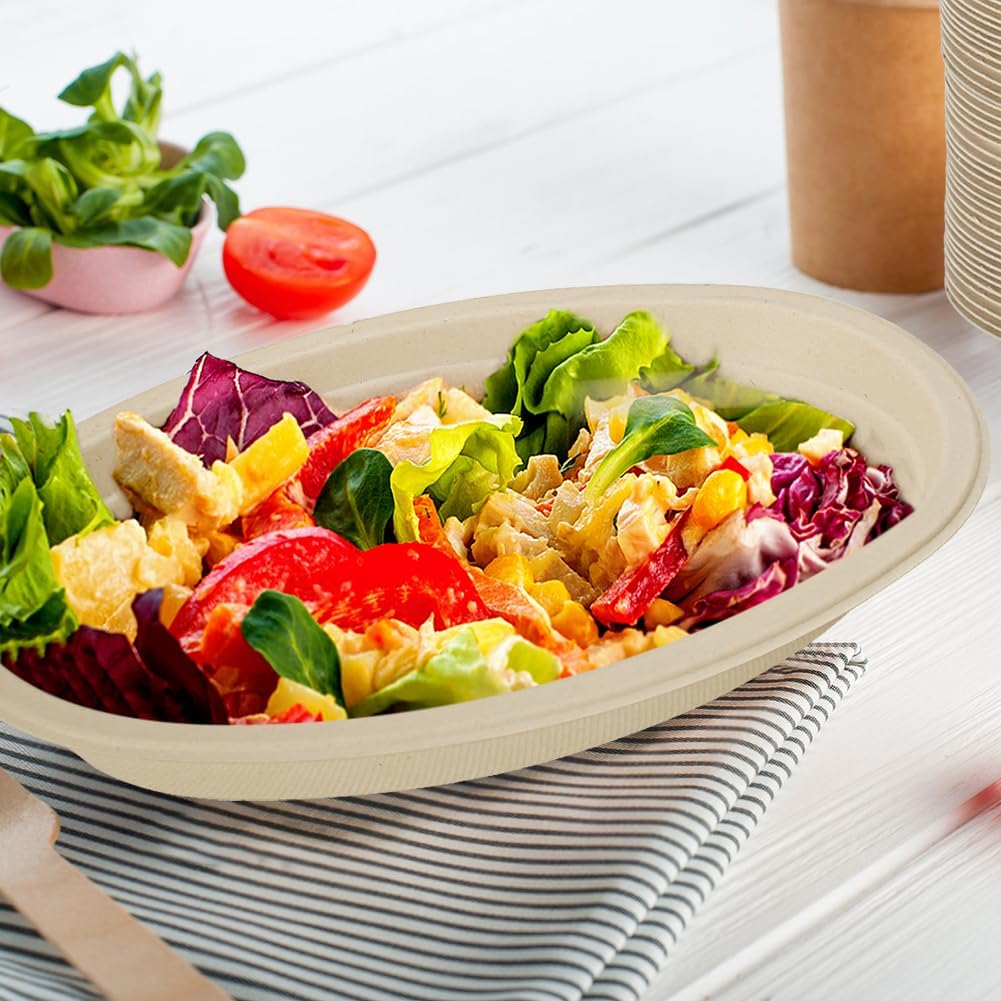 Aksipo 28 OZ 50 Count Paper Bowls, Oval Paper Bowls, Soup Bowl, Meal Prep Containers, Microwave Safe, Compostable, Large Disposable Bowls for Nacho, Burrito, Salad, Baked Potato, Chips and Cheese