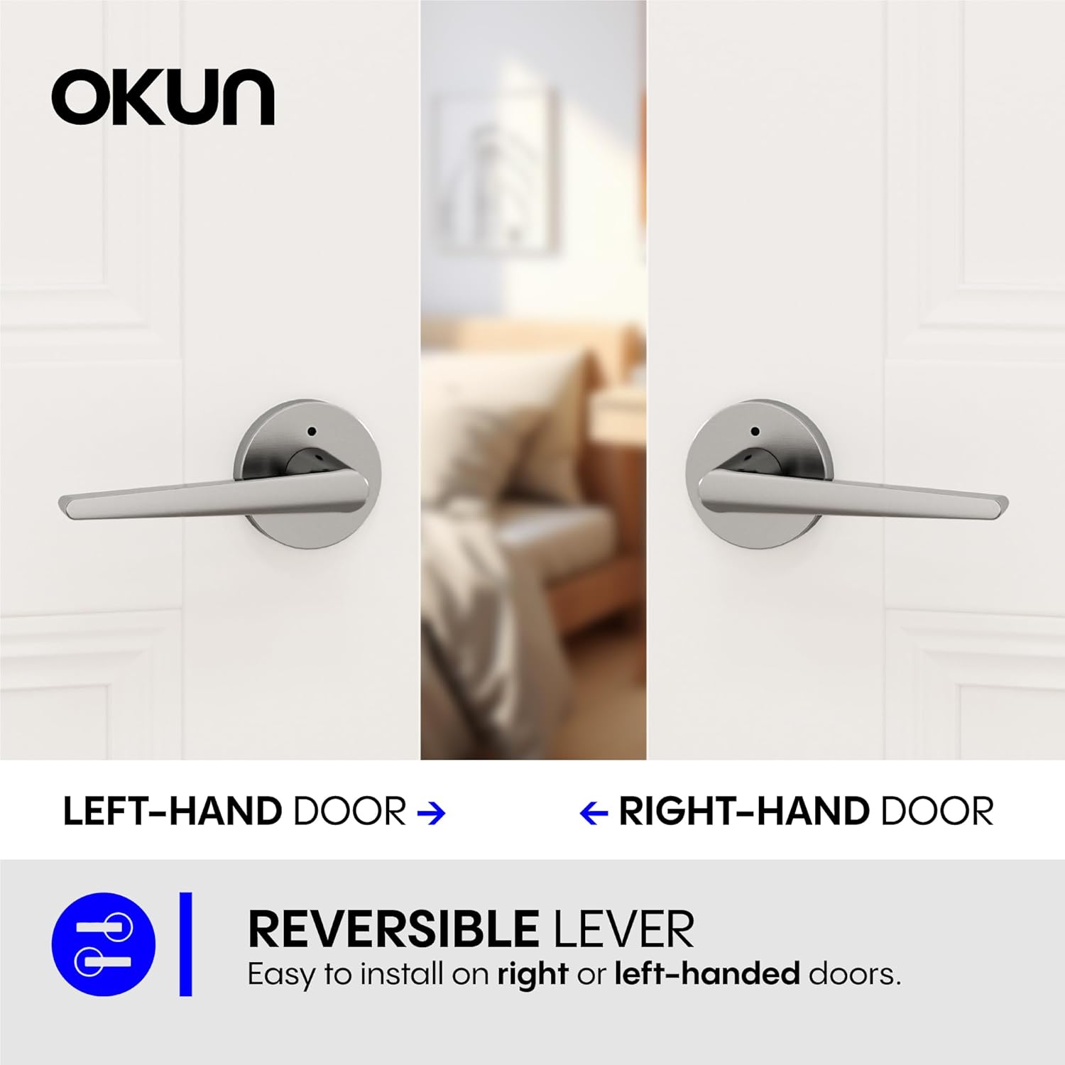Okun Halo 6-Pack Brushed Nickel Privacy Door Levers – Push Button Lock, Reversible, Sleek Concealed-Mount Design for Bedroom & Bathroom