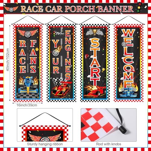 Image of Panelee 4 Pcs Race Car Party Banners Racing Car Birthday Decorations Checkered Racing Flag Porch Sign Hanging Door Banner for Indoor Outdoor Race Party Decoration Backdrop Supplies (Race)