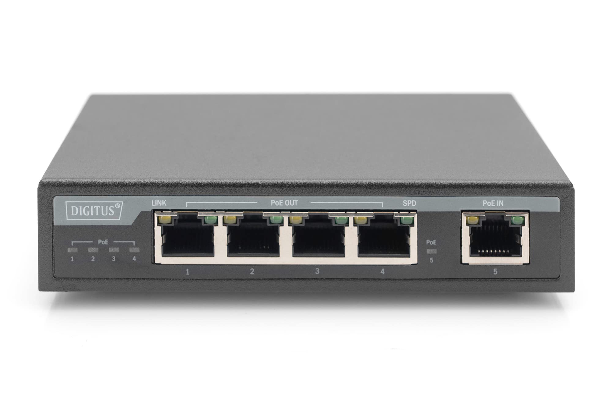 DIGITUS Extender 4-Port Gigabit PoE 802.3at 60W | 100m Reichweite – IEEE 802.3at – Kaskadierbar – Power over Cable – ohne Netzteil – Schwarz