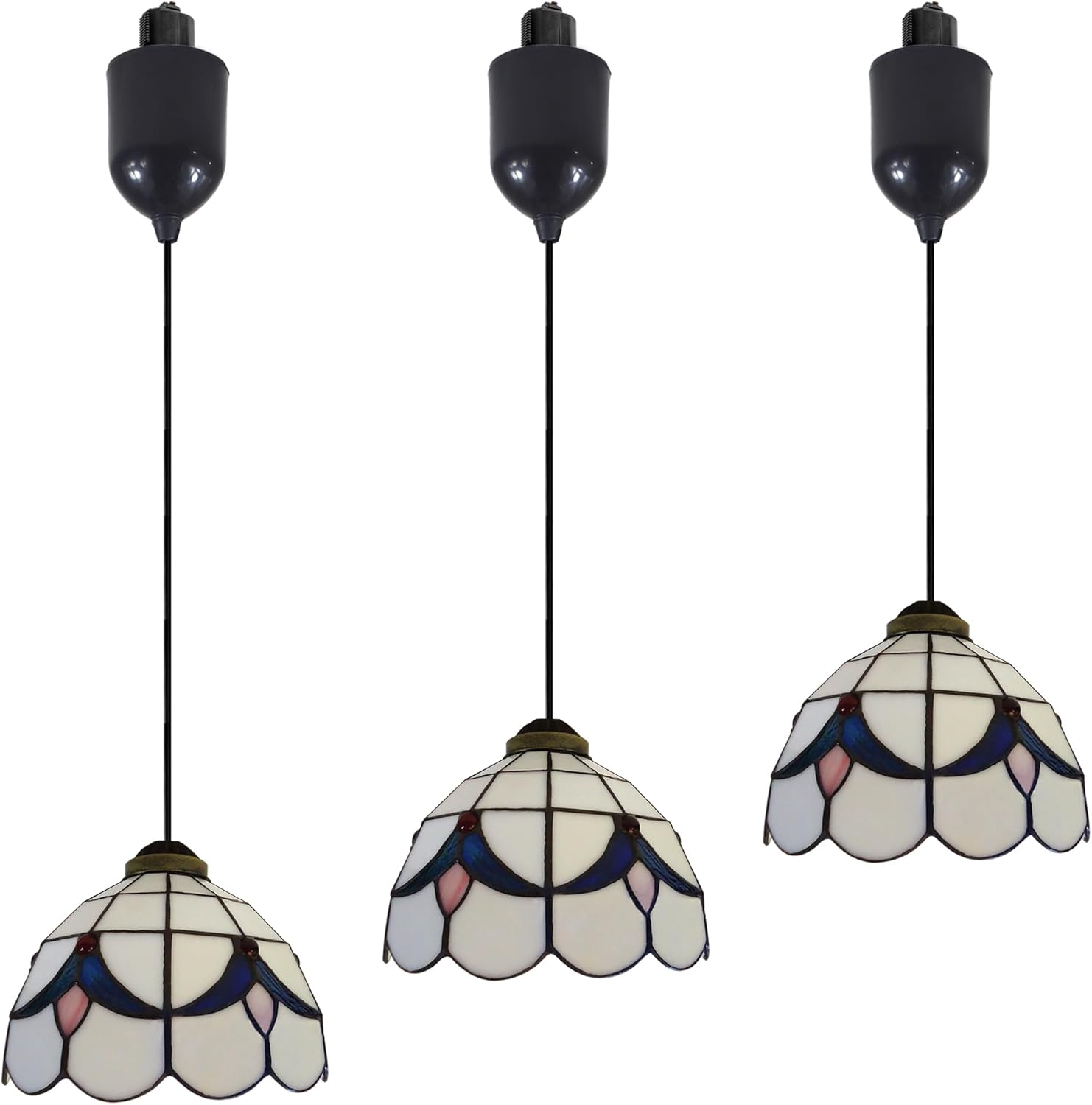 Mini Adjustable Cord Length Halo Track Lighting Pendants, 4 Ft Cord, H-Type Track White Tiffany Stained Art Glass, E26 Socket Track Mount for Kitchen Island Sloped Vaulted Ceiling