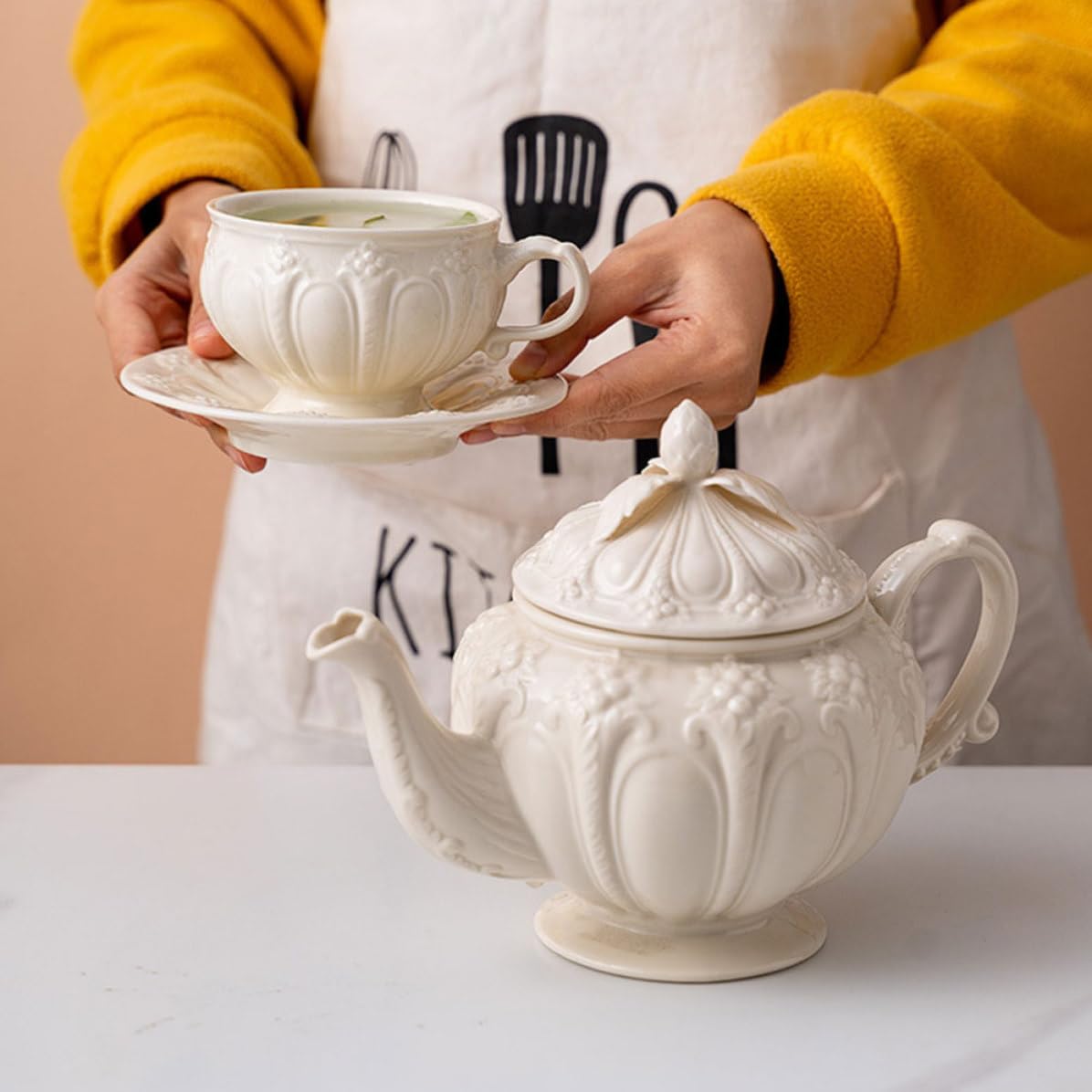 Cafetera y Mango Cómodo Gran Capacidad Cerámica Beige de Estilo Británico Adecuado para Preparar Café y Leche en Cocina Retro