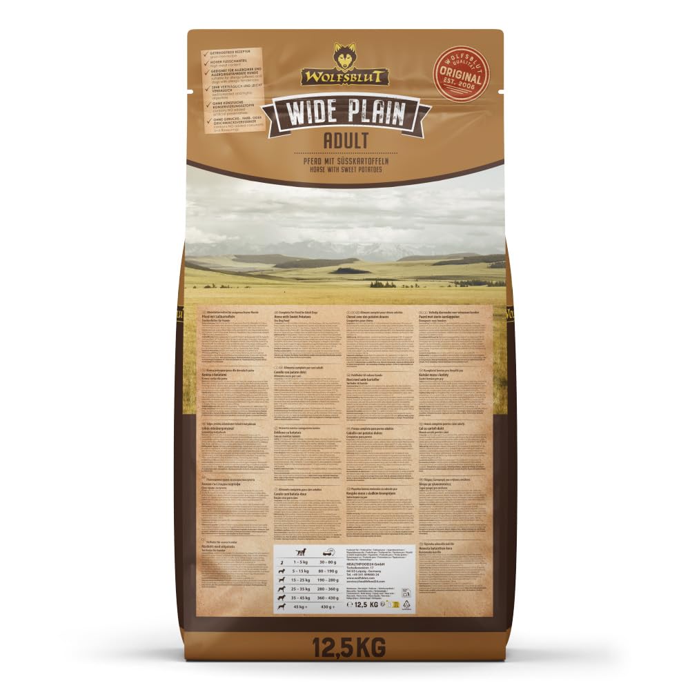 WOLFSBLUT Wide Plain Adult Trockenfutter Pferd 12,5kg getreidefreies Alleinfutter für ausgewachsene Hunde