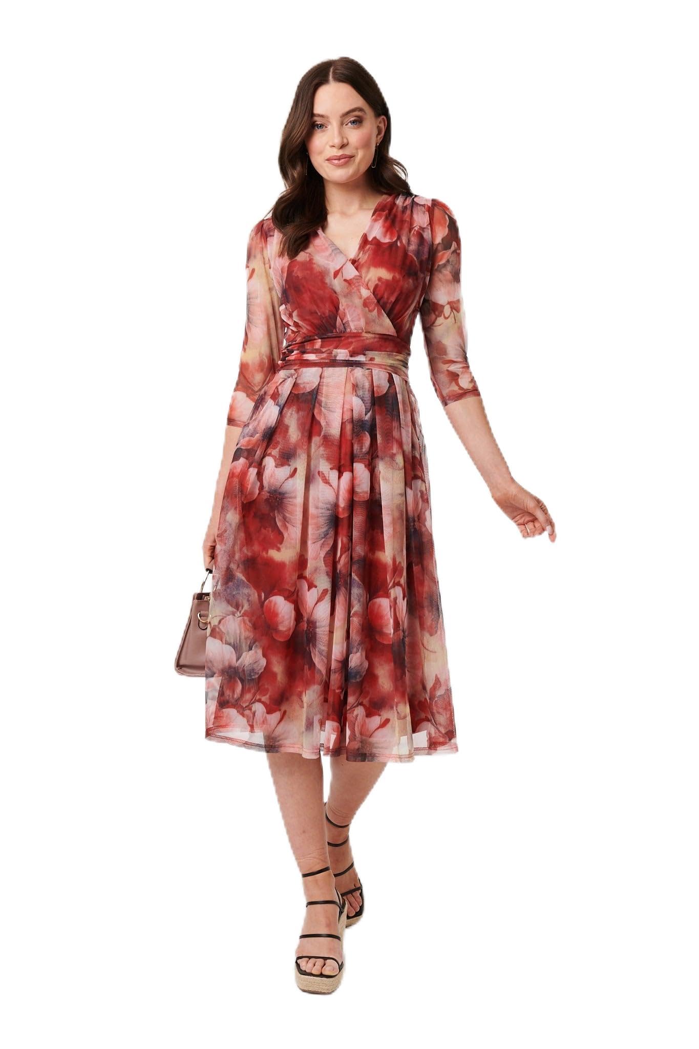 Izabel London Floral 3/4 Sleeve Mesh Midi Wrap Dress - 12 - Rust