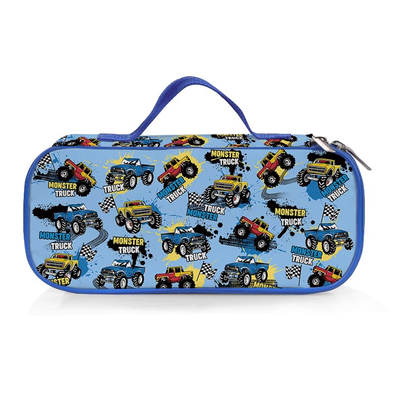 NEIUJADK Kids Pencil Case, Monster Truck Print Large Capacity Pencil Bag with Handle, Durable Polyester Stationery Pouch for School Students Boys