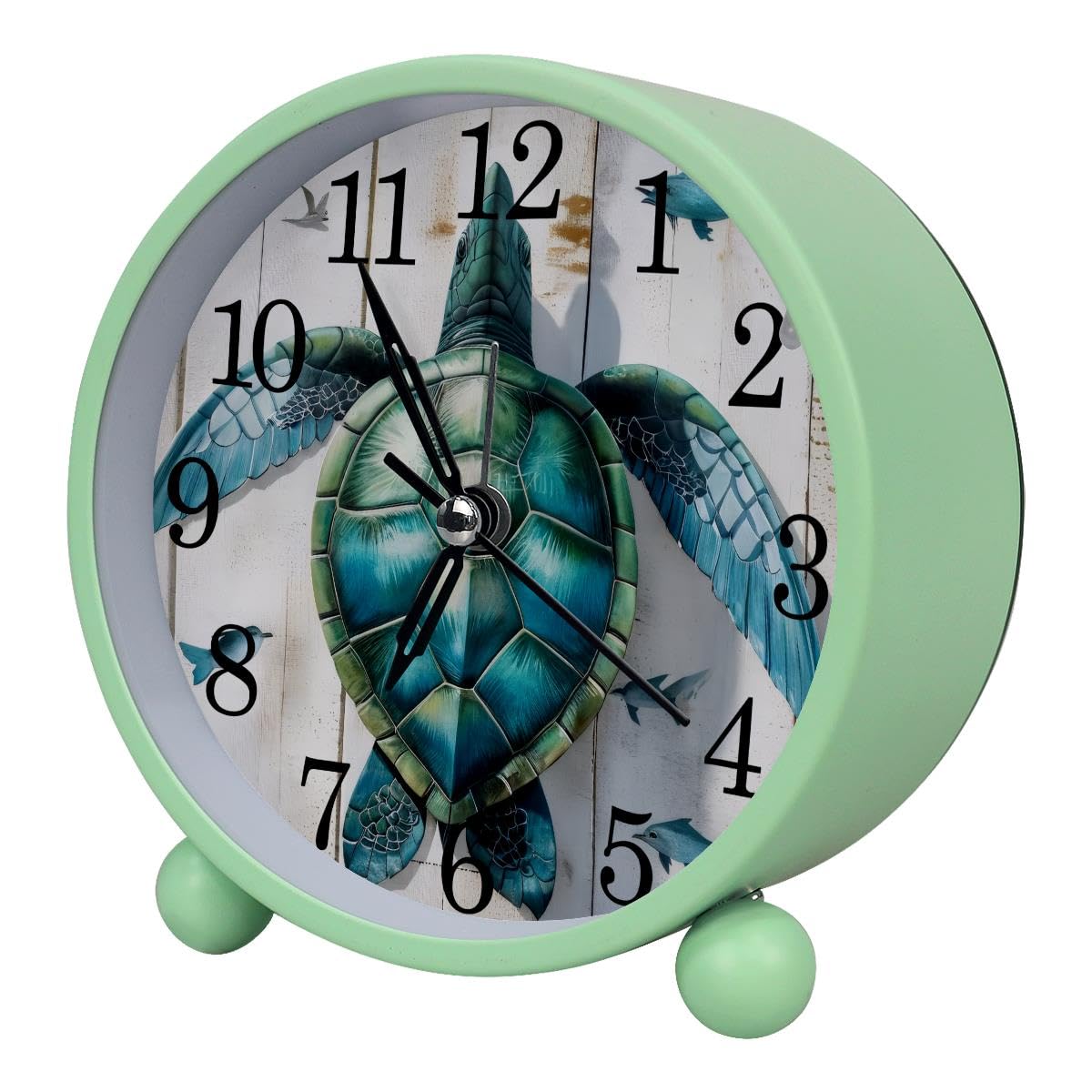Alarm Clock Turtle on White Plank, Silent Non-Ticking with Night Light