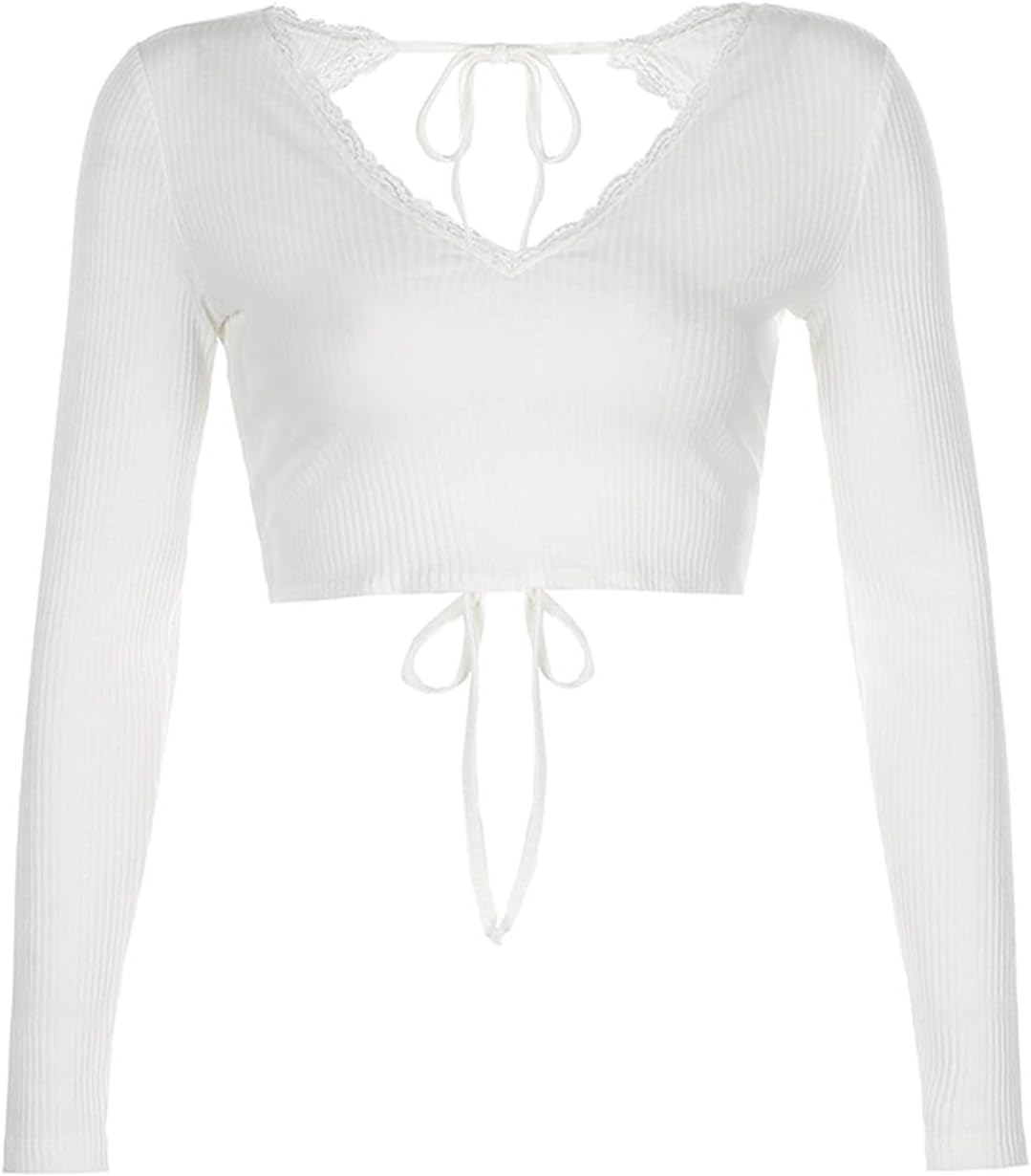 Youth Women Temperament Long Sleeve Top Fashion V-Neck Exposed Navel Backless Lace up Tops