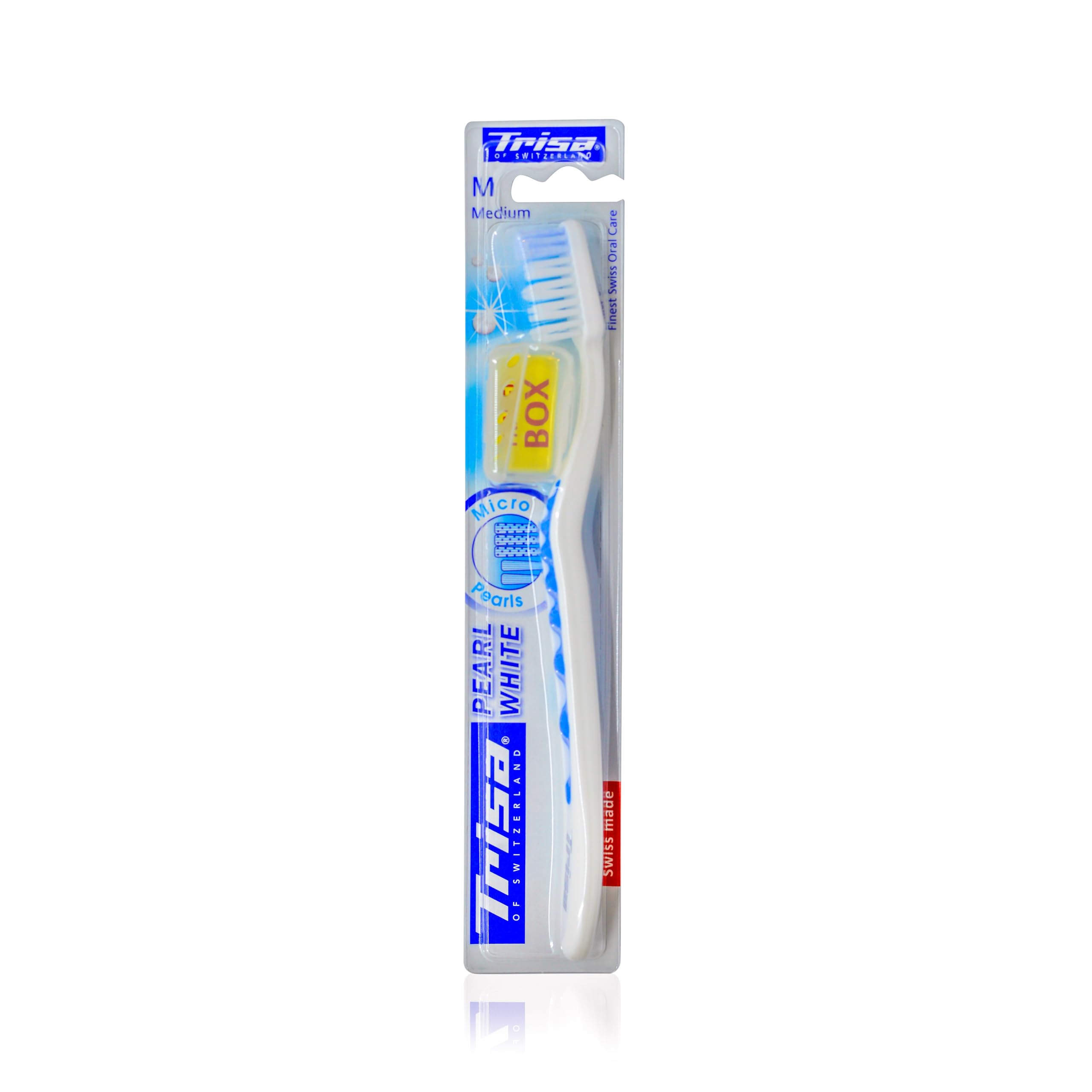 Pearl White Medium Toothbrush with travel cap,For Wither Teeth, Withening filamen with blue micro cleaning pearls, Swiss Made, 1 pc. Assorted