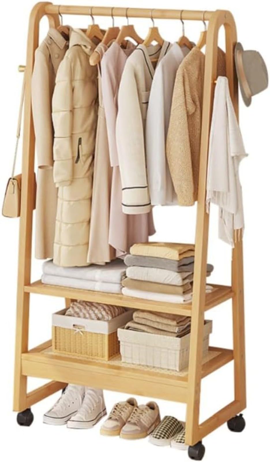 Aycdl B Wooden Garment Rack On Wheels Sturdy Clothing Rack With Hooks Entryway Coat Stand With 2 Shelves For Nizing Clothes And Accessories Stylish & Functional Storage,-70Cm