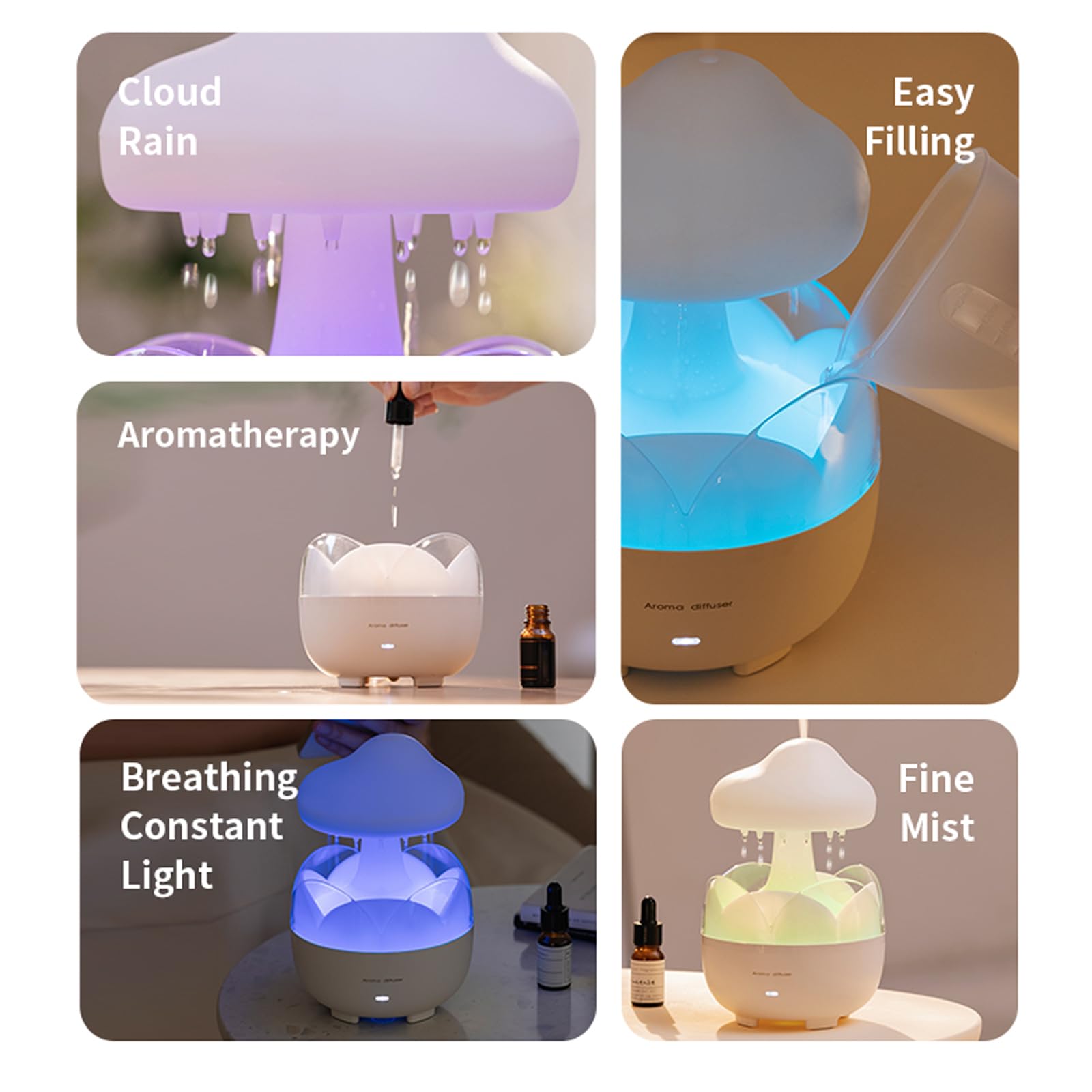 Raindrop humidificateur portable 230 ml, diffuseur d'huiles essentielles nuage veilleuse, arrêt automatique sans eau, bureau, chambre à coucher, salon