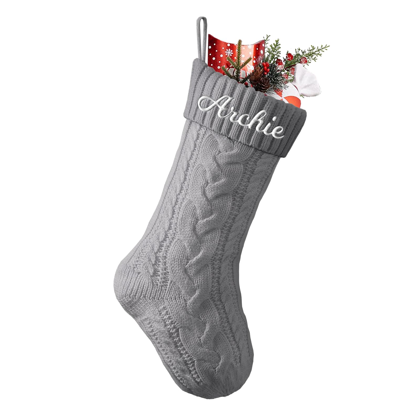 Cysincos Personalized Christmas Stockings Custom Name Family Christmas Stockings 18" Large Knitted Xmas Fireplace Hanging Stocking, Stocking for Holiday Family Party Decoration,Grey — image 1