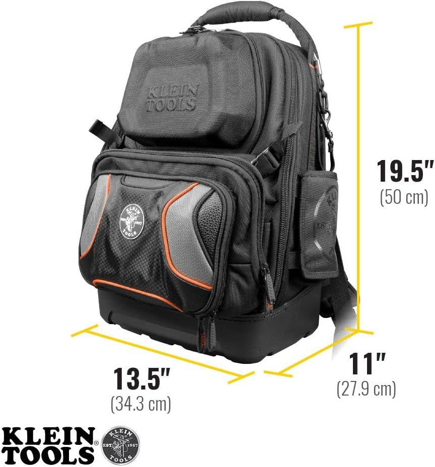 Klein Tools 55485 Tool Bag Backpack, Durable Electrician Backpack with 48 Pockets for Hand Tools, Waterproof Bottom, Removable Tool Carrier