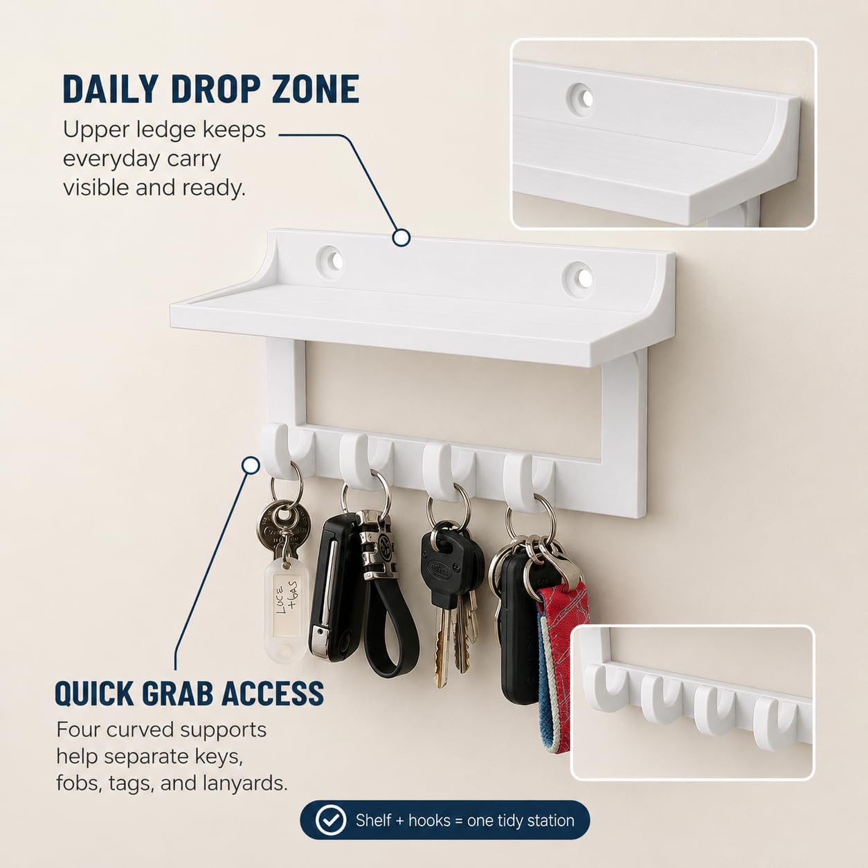 Key Holder with Shelf Compatible with Entryway Organization – Compact Drop Zone | Curved Hanging Supports | Flat-Surface Rack for Everyday Carry Items, Fobs, Tags, and