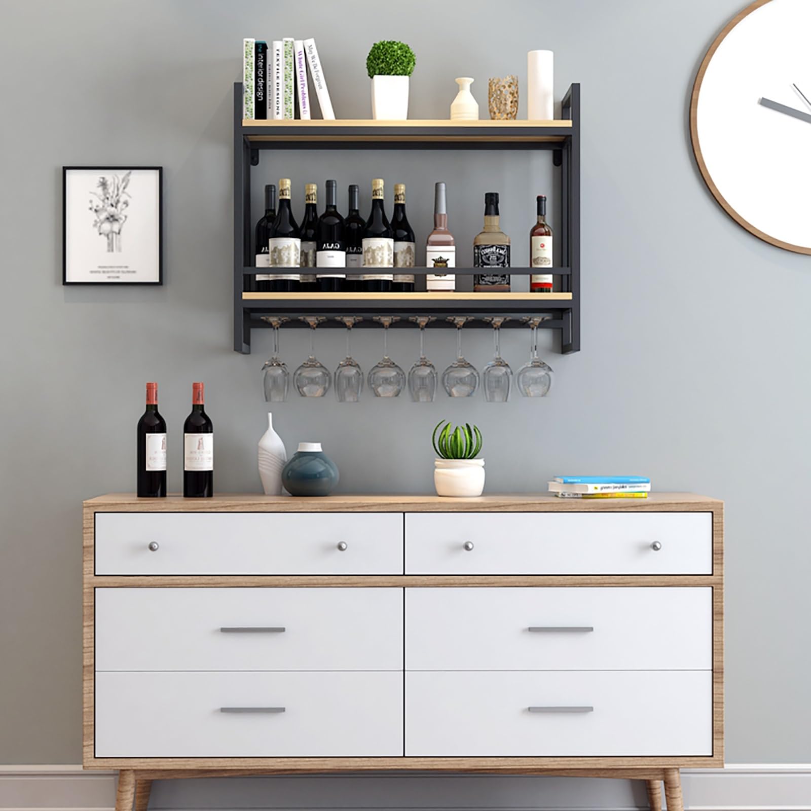 Mensola Vino Industriale Da Parete - Portabottiglie In Legno E Metallo A 2 Ripiani - Foto 9